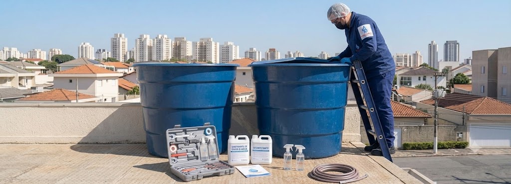 Profissional realizando Imunização e Desinfecção Bacteriológica de Caixas D'água em Camboriú